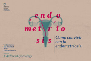 AOVE para la salud femenina: dibujo de utero, titulo endometriosis en rojo